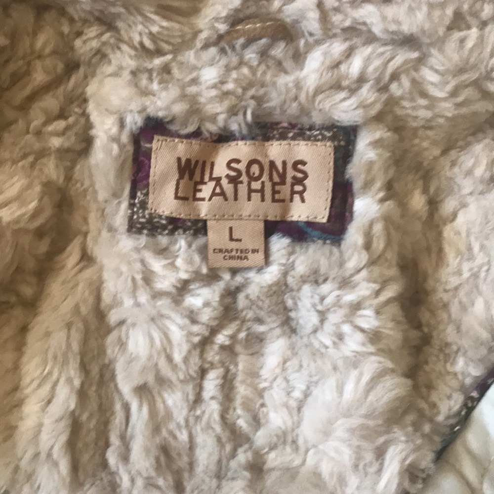 Womens WILSONS LEATHER Suede Camel Tan SHERPA Faux Fur Quilted Jacket Sz Large L - Picture 12 of 16
